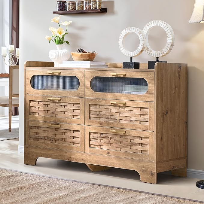 6 Drawer Dresser for Bedroom, Large Dresser with Deep Drawers. Long Wooden