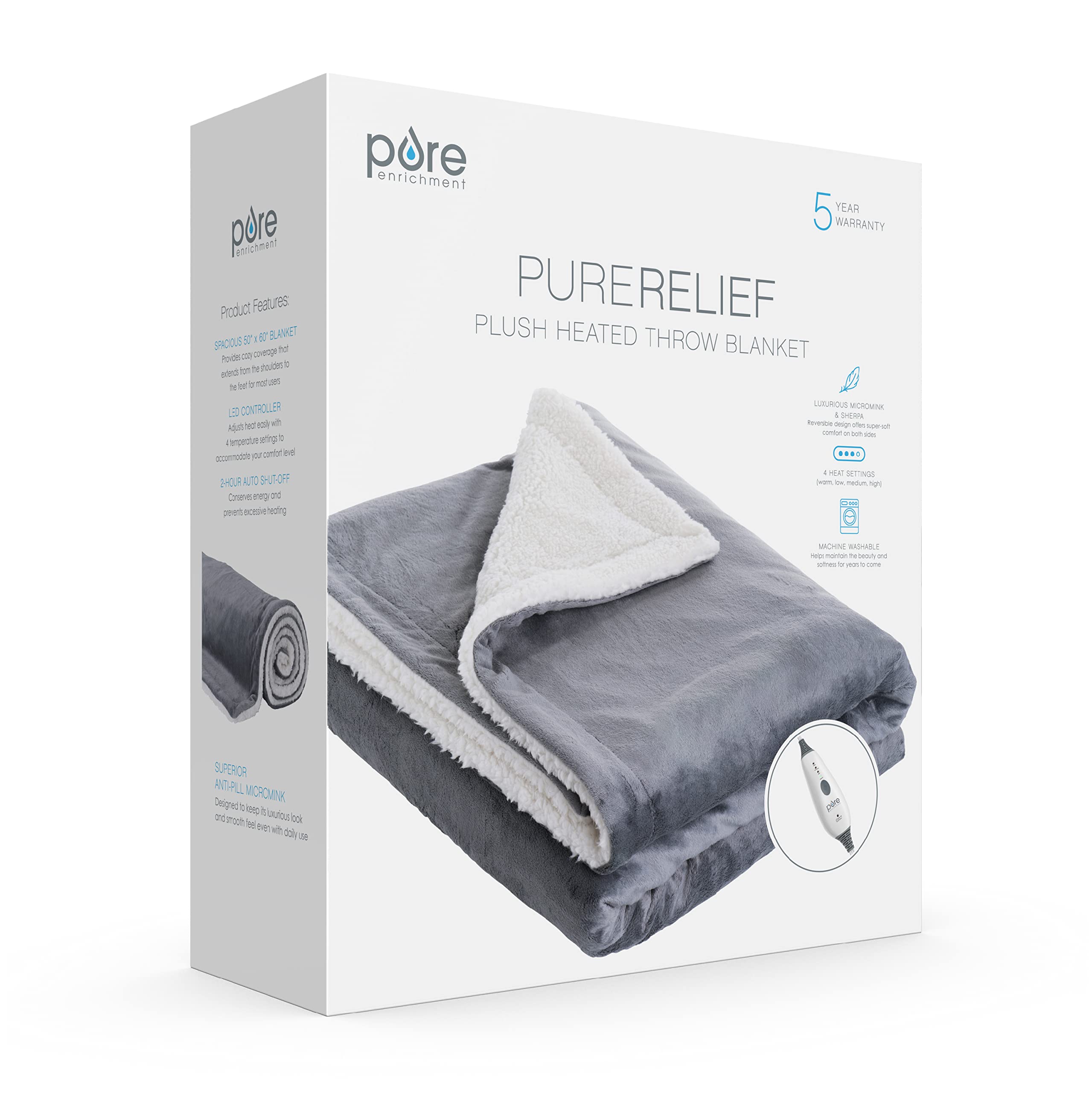 PureRelief Plush Heated Throw (50” x 60”) - 4 InstaHeat™ Settings