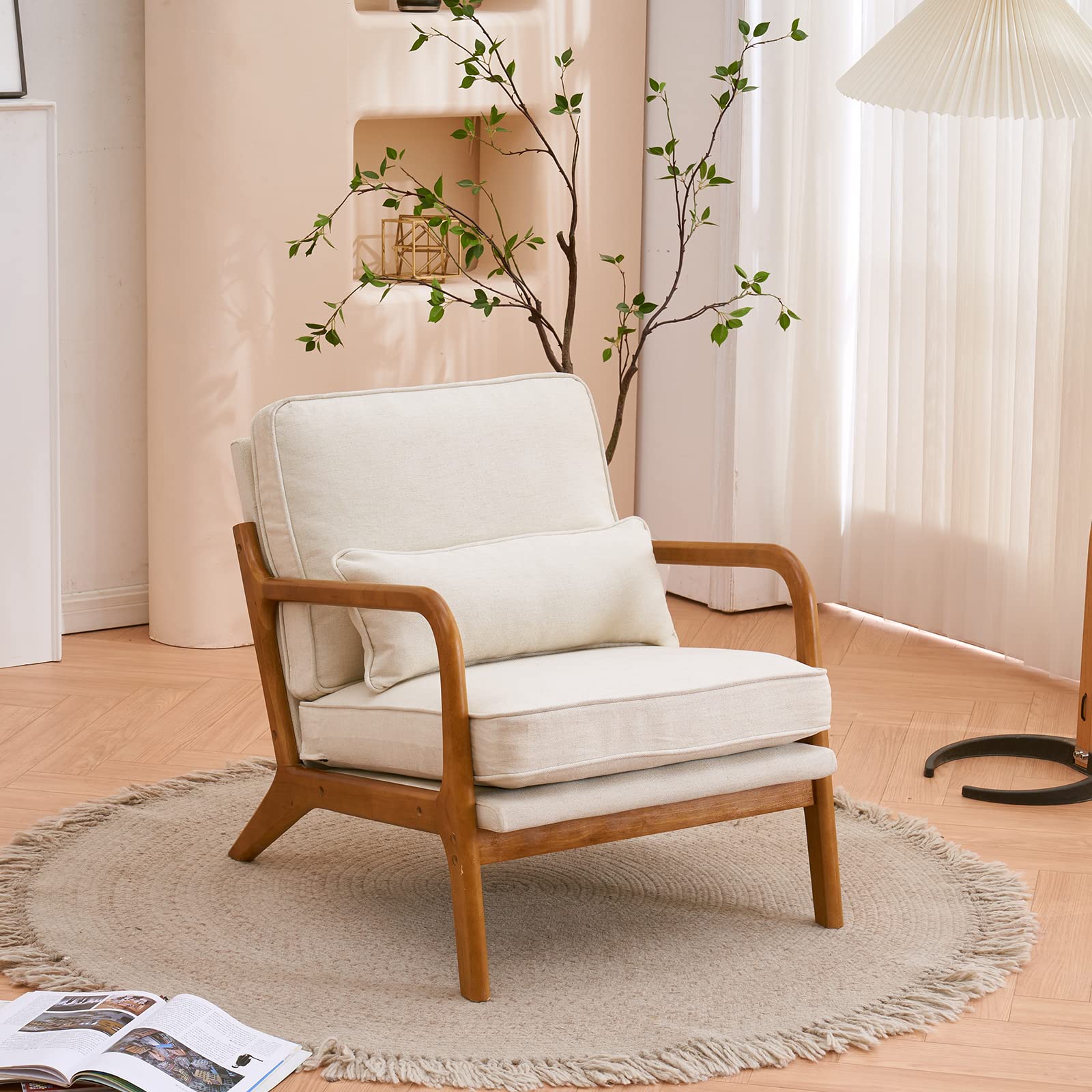 Accent Chair Mid-Century Modern Chair with Pillow Linen Fabric Upholstered Lounge Arm