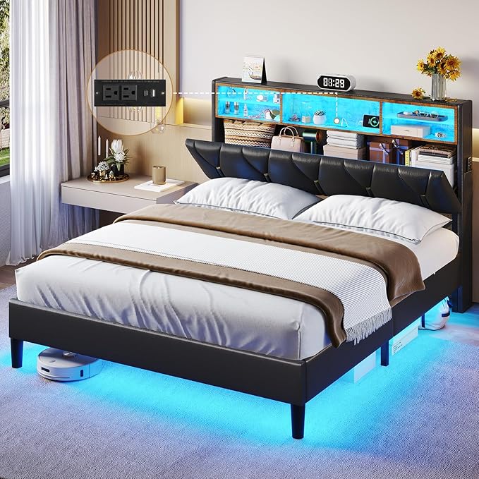 Full Size Bed Frame with Led Lights and Storage Headboard, LED Bed Frame with Charging