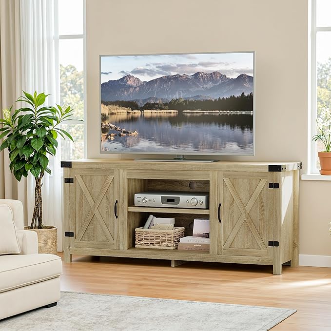 TV Stand with Two Barn Doors and Storage Cabinets for Televisions up
