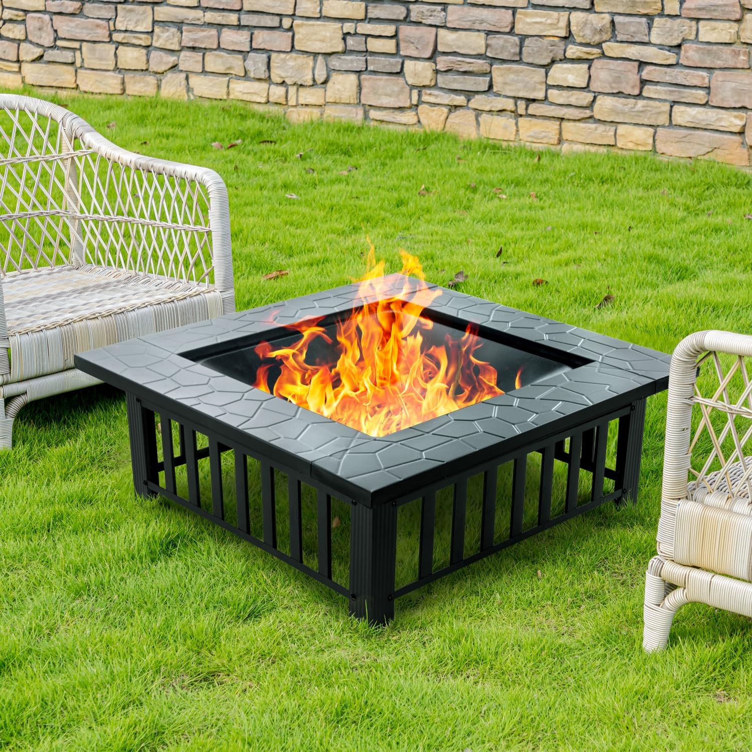 Square Outdoor Fire Pit Table with Spark Screen & Fire Poker, 3-in-1 Multipurpose