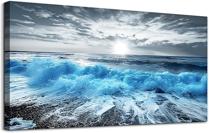 Framed Wall Art For Living Room Large Canvas Wall Decor For Office Blue Beach Painting