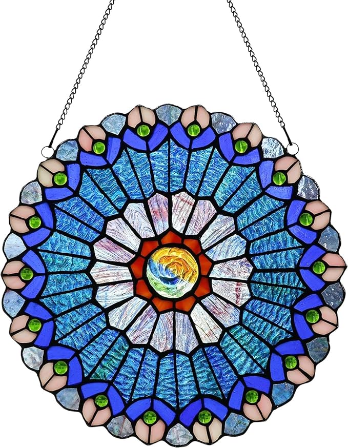 12 Inch Round Stained Glass Window Panel Tiffany Style Ornament Handmade Blue