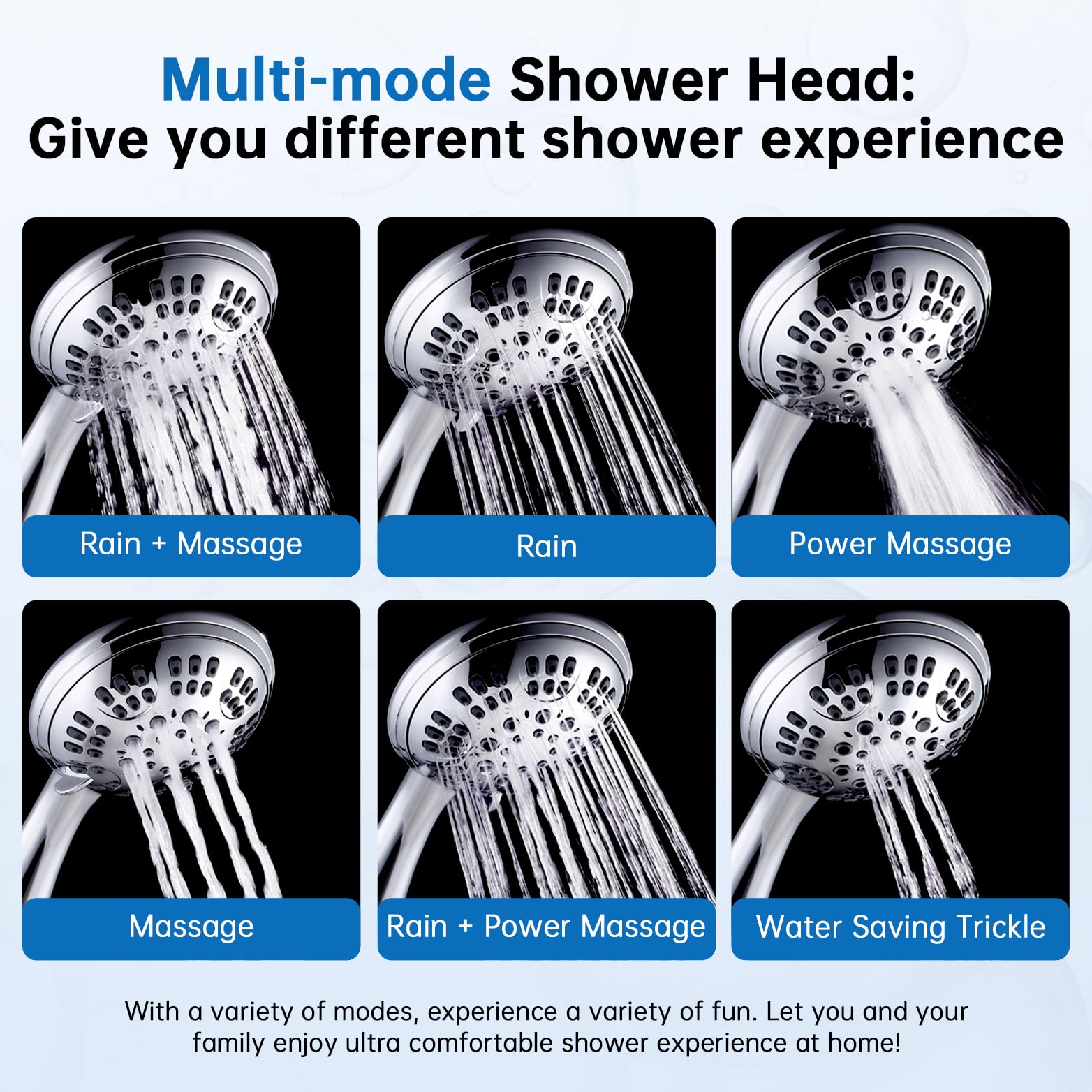 G-Promise High Pressure Shower Head 6 Spray Setting with Adjustable Solid Brass Shower Arm Mount and Extra Long Flexible Stainless Steel Hose (Chrome)