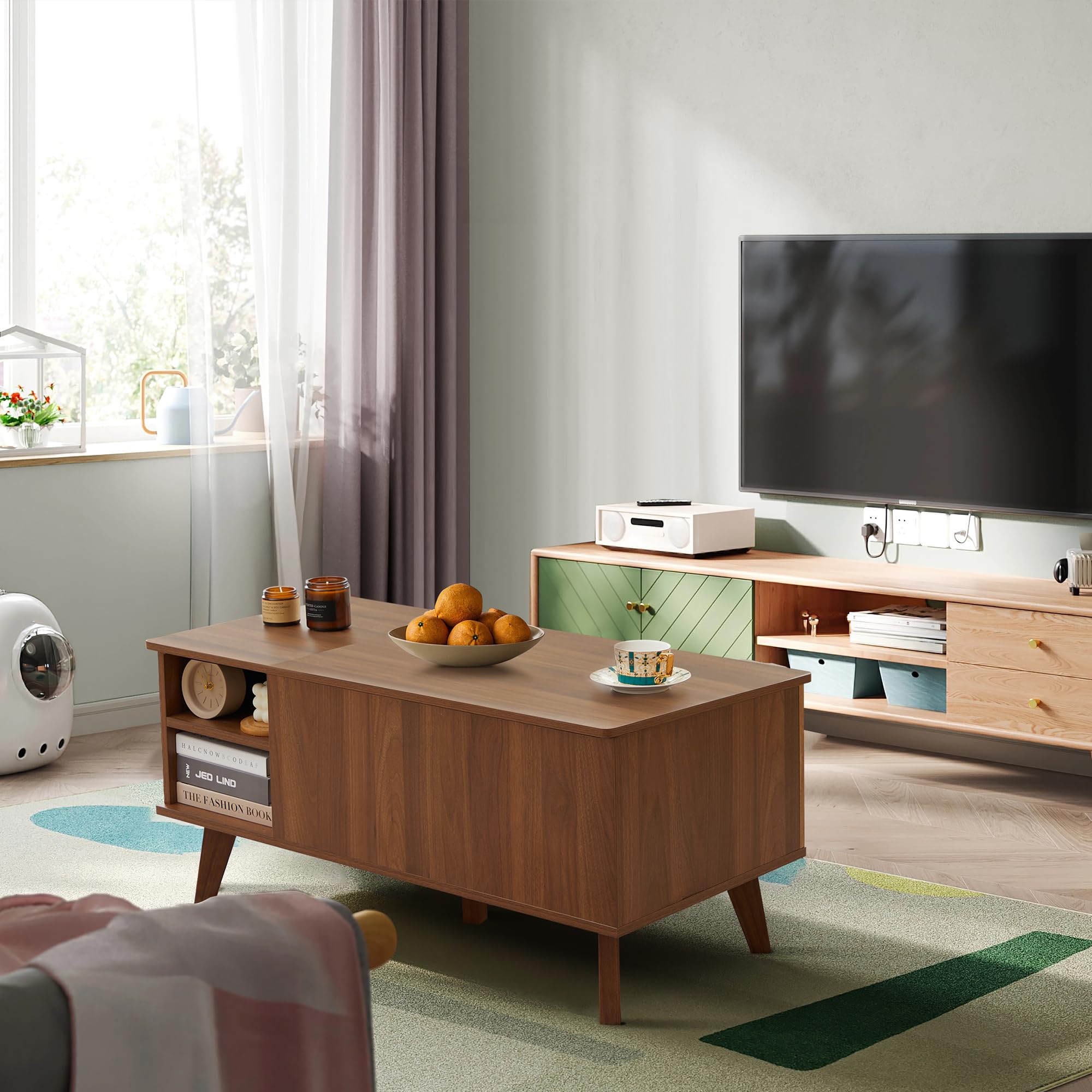 Wooden Fluted Lift Top Coffee Table with Hidden Compartment, Modern Rectangle Center