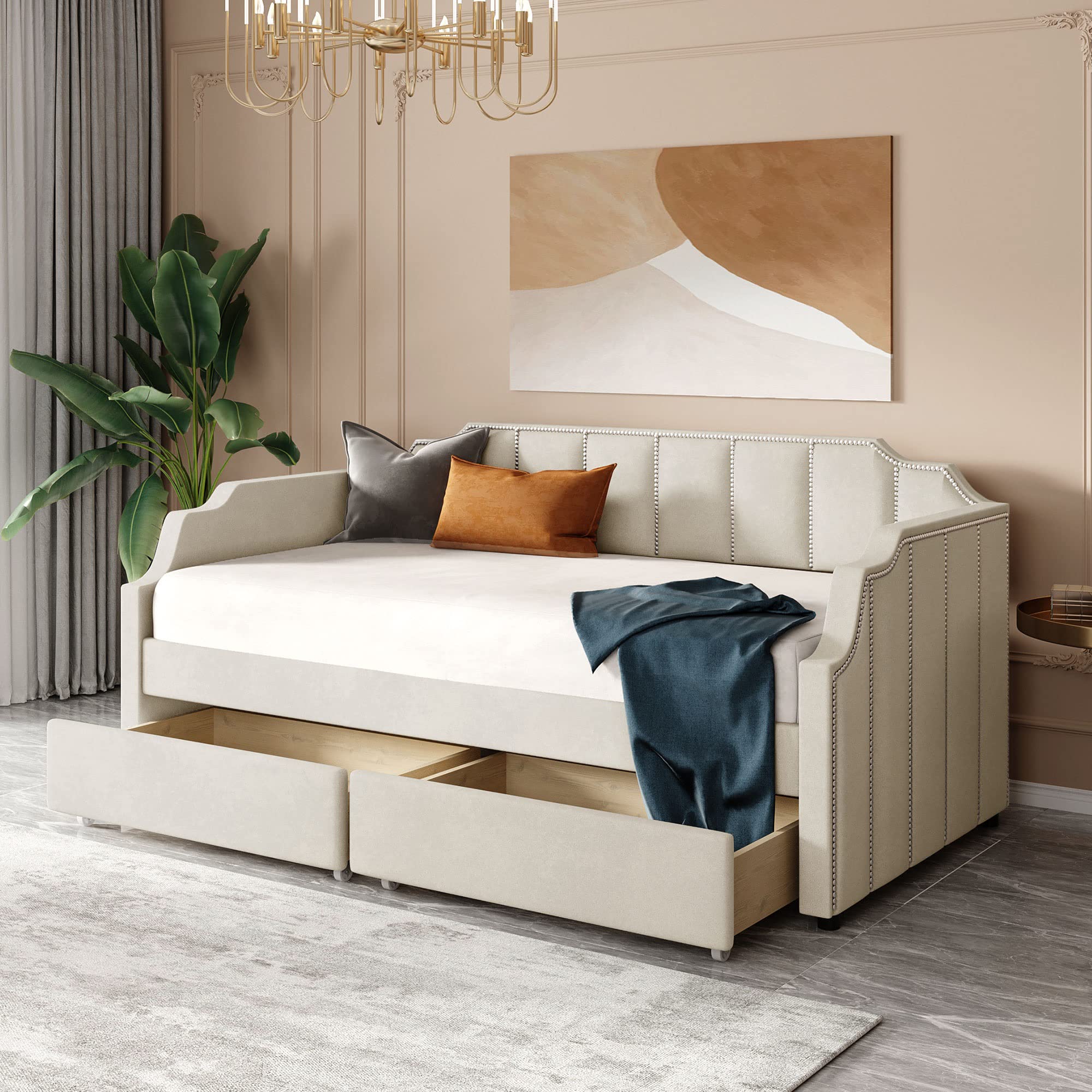 Twin Size Daybed with Storage Drawers - Upholstered Velvet Sofa Bed, Wood Slat Support