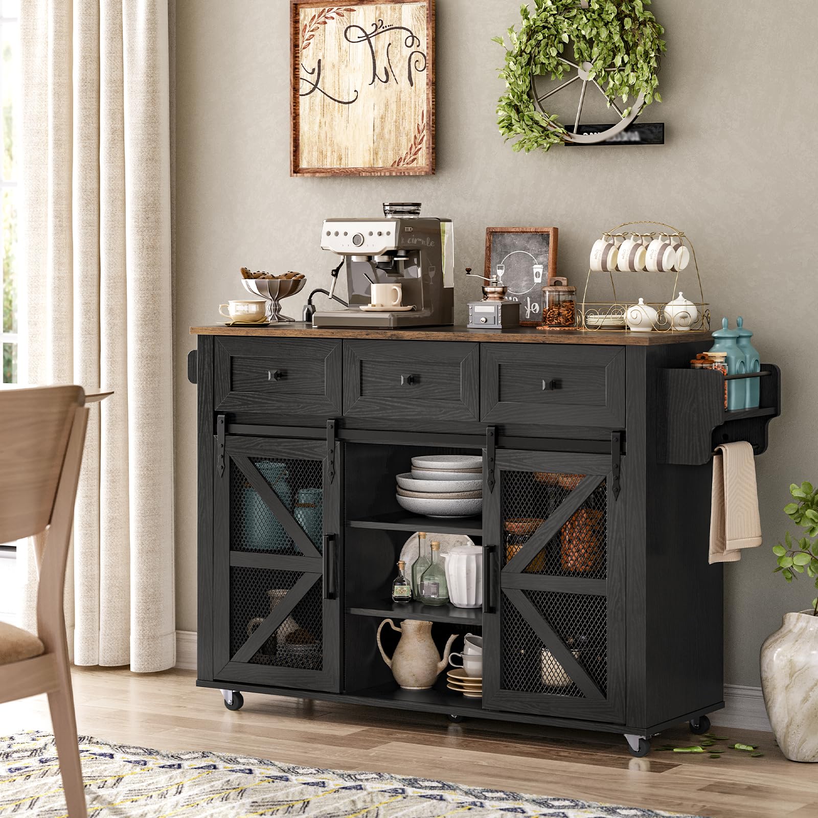 RALGEND Kitchen Island with Storage, Kitchen Cart with Charging Station, Rolling Kitchen Island Table with Drop-Leaf, 3 Drawers, Barn Doors, Towel Rack and Spice Rack, Black and Rustic Brown