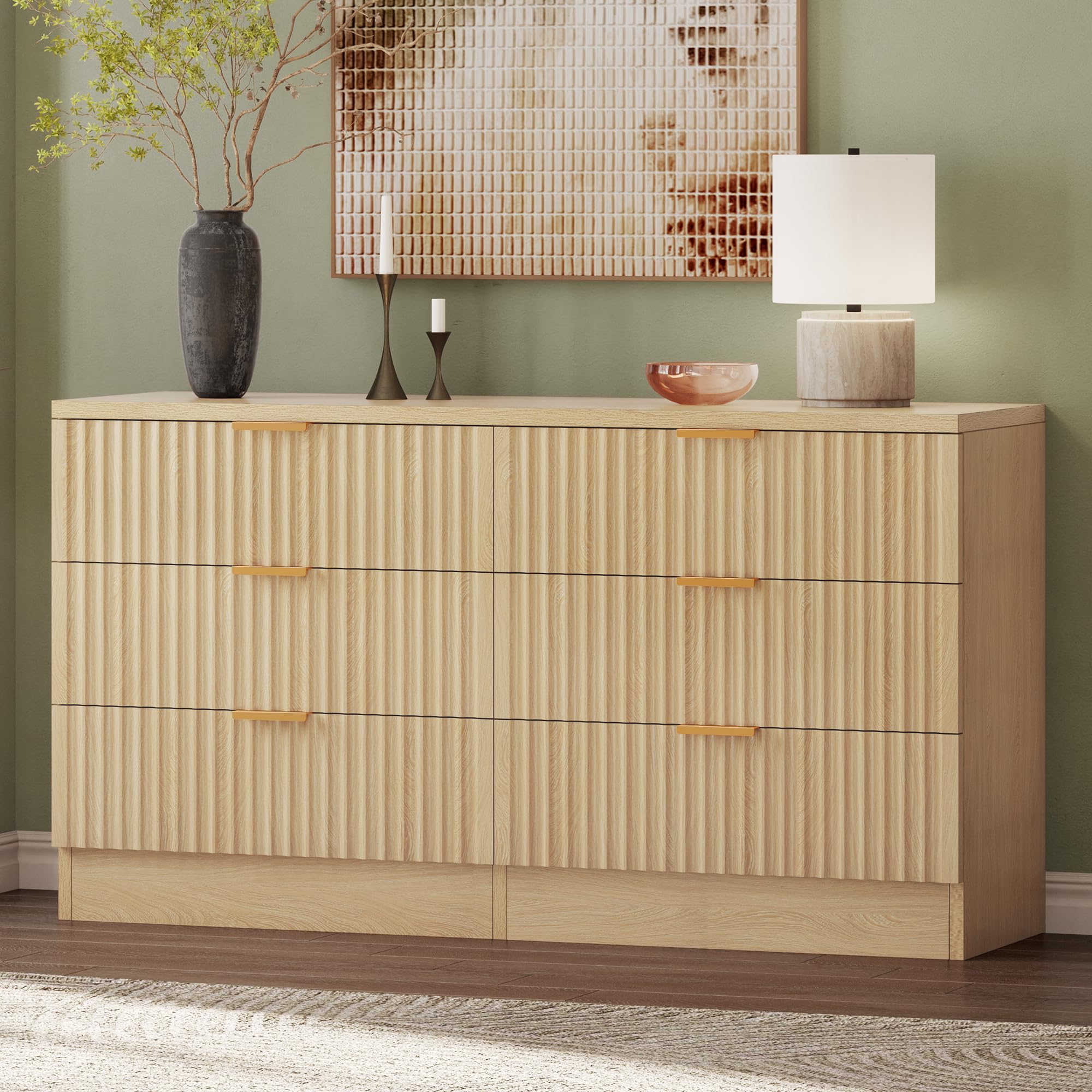 6-Drawer Dressers, Chest of Drawers with Fluted Panel, Wide Versatile Storage Dresser