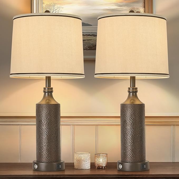 Dimmable Touch Control Table Lamp with USB A+C Ports, Vintage Washed