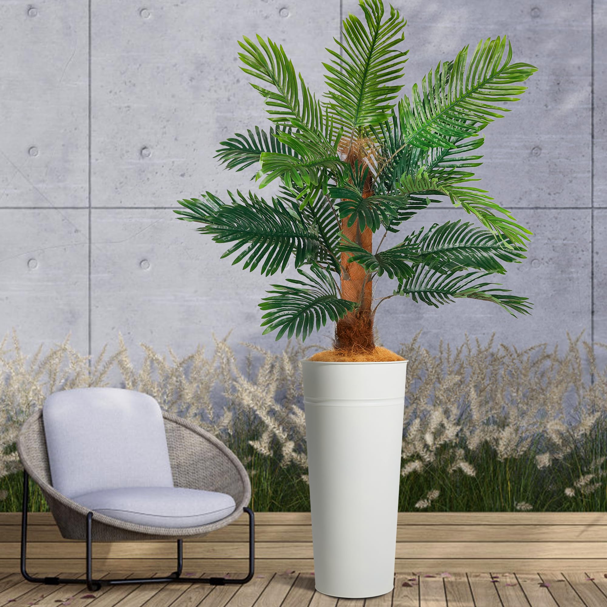 28" Tall White Planter with Faux Palm Tree – Galvanized Steel Pot with Tropical PEVA