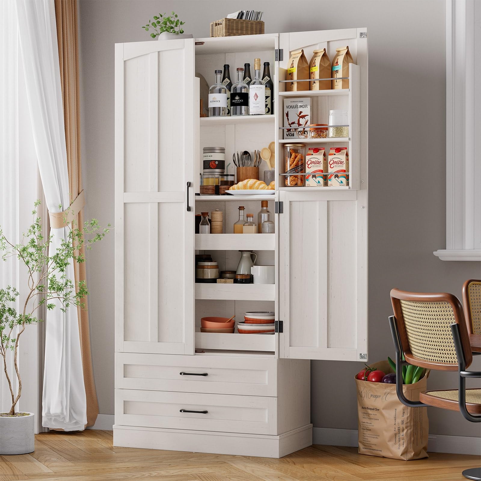 71" Tall Farmhouse Kitchen Pantry Cabinet with 3 Pull Out Shelves & 2 Large Drawers