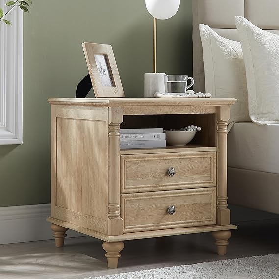 24'' Farmhouse End Table w/4 Solid Wood Feet, Large 2 Drawers Wide Sofa Side Table