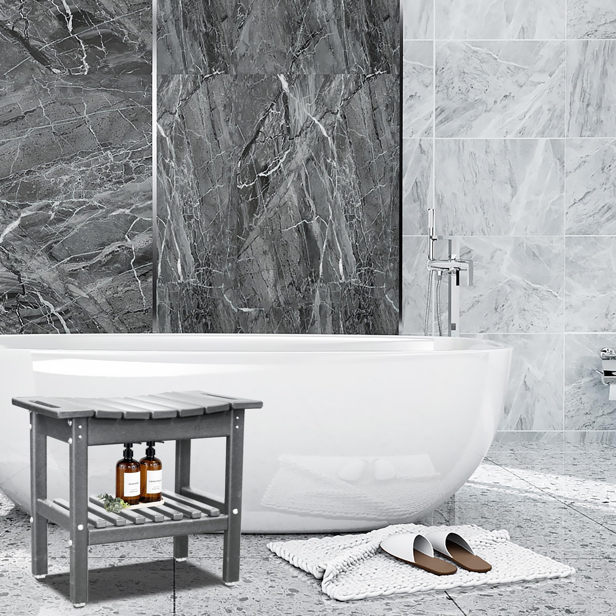 Restcozi HDPE Shower Bench Inside Shower Stool with Space-Efficient Storage Shelf, Shower Bath Chairs Spa Stool for Bathroom - Great for All Ages Unisex Elderly (Grey, Large & 19.3 * 11.8 * 17.3)
