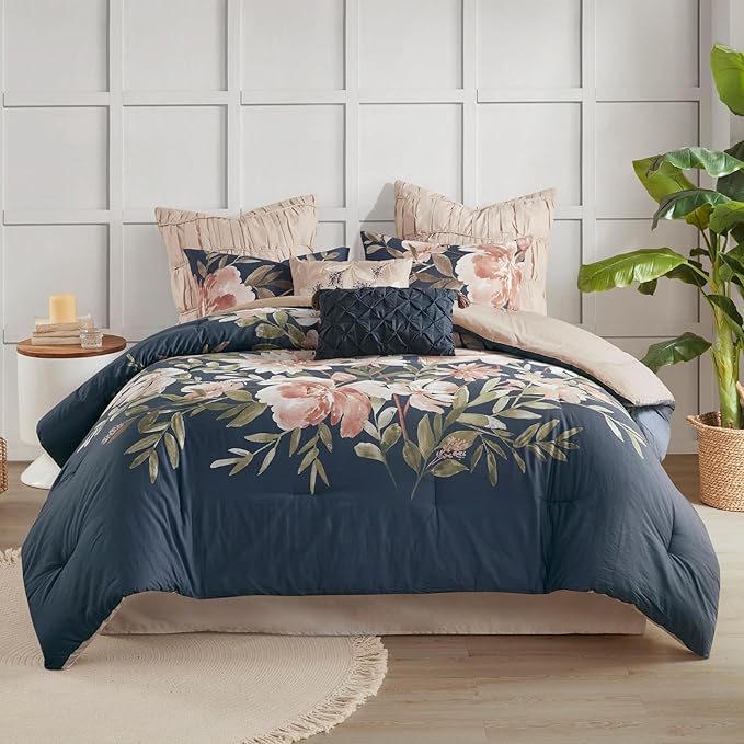 Floral King Comforter Set, Cotton Rich Bedding Set Feminine Design Shabby