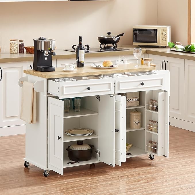 58" Mobile Kitchen Island, Kitchen Island Cart with Power Outlet