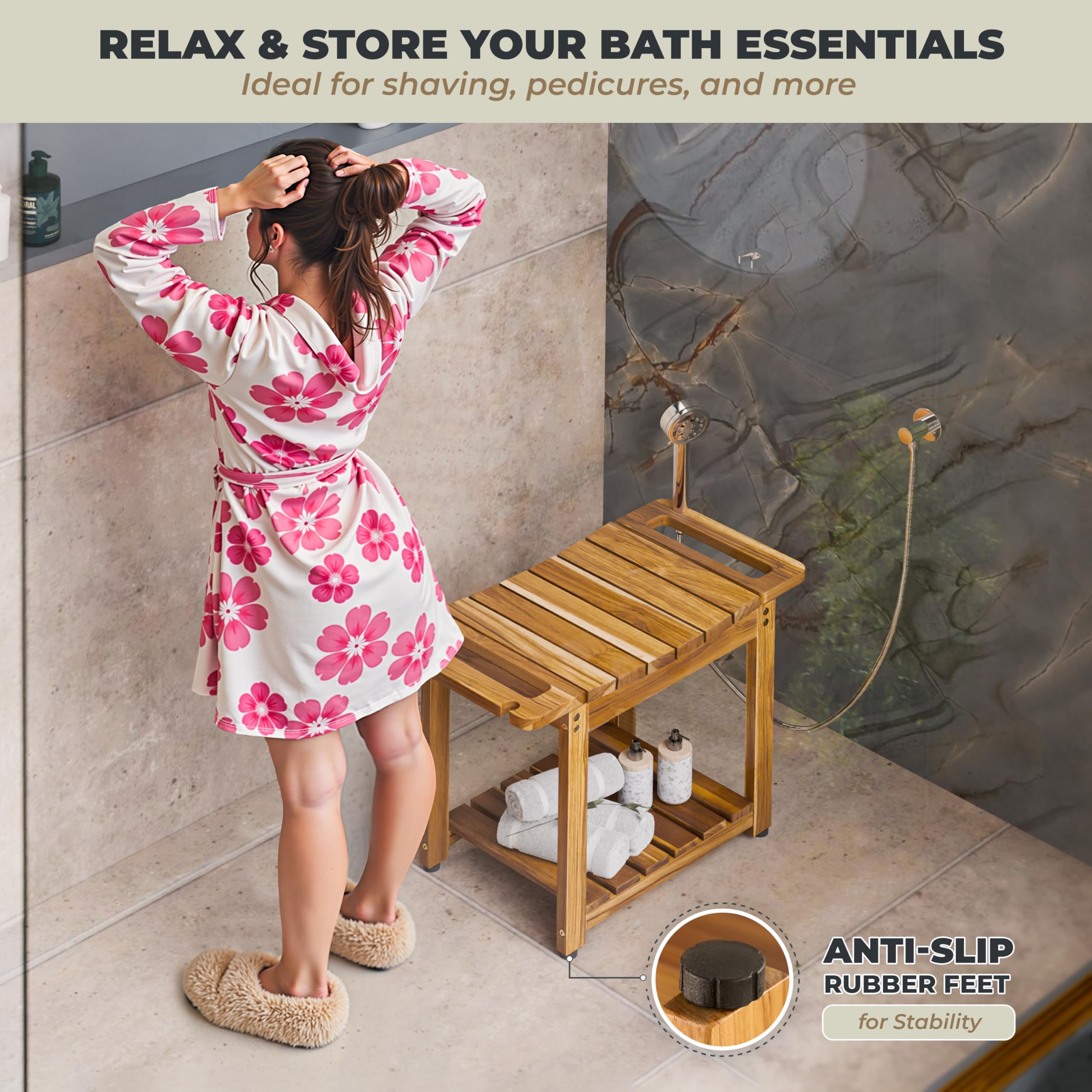 LotusSway Teak Shower Bench Seat with Storage Shelf, Wood Shower Benches for Inside Shower to Sit on, Teak Shower Stool & Spa for Elderly with Shower Head Holder & Built in Handle for Bathroom/Outdoor
