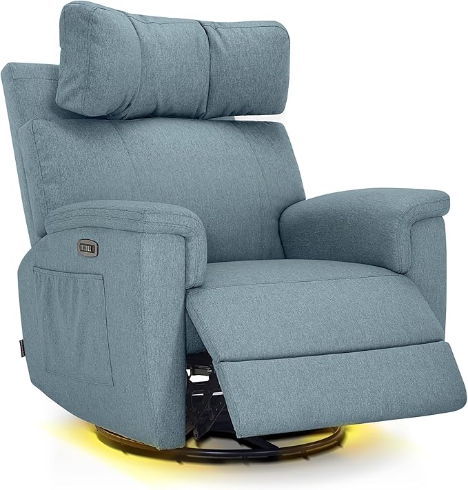 Power Swivel Glider Recliner Nursery Chair with Adjustable Headrest and Nightlight