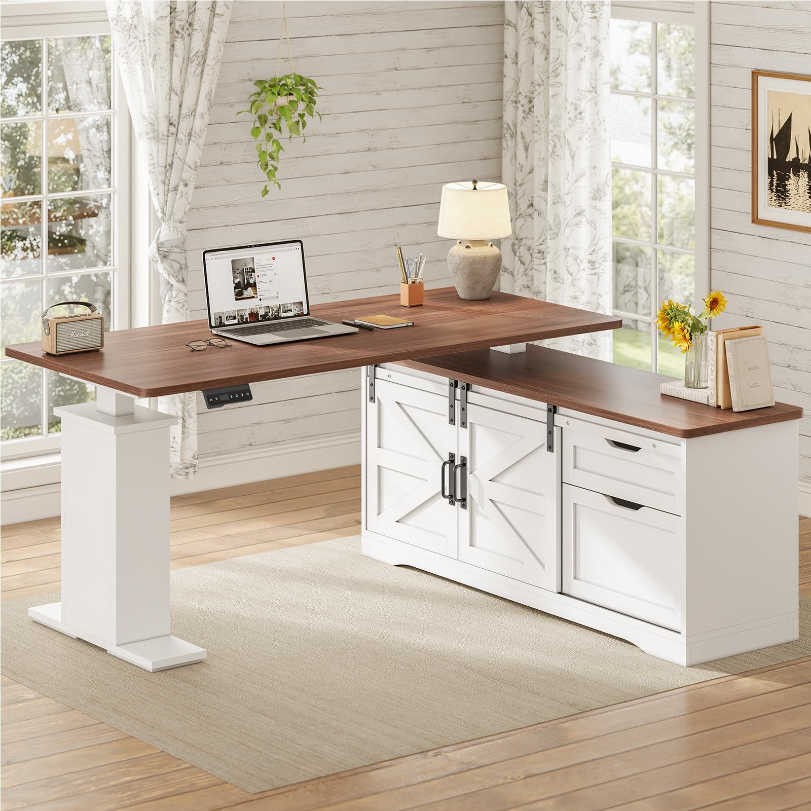 Farmhouse L Shaped Standing Desk, 55 inch Height Adjustable Corner