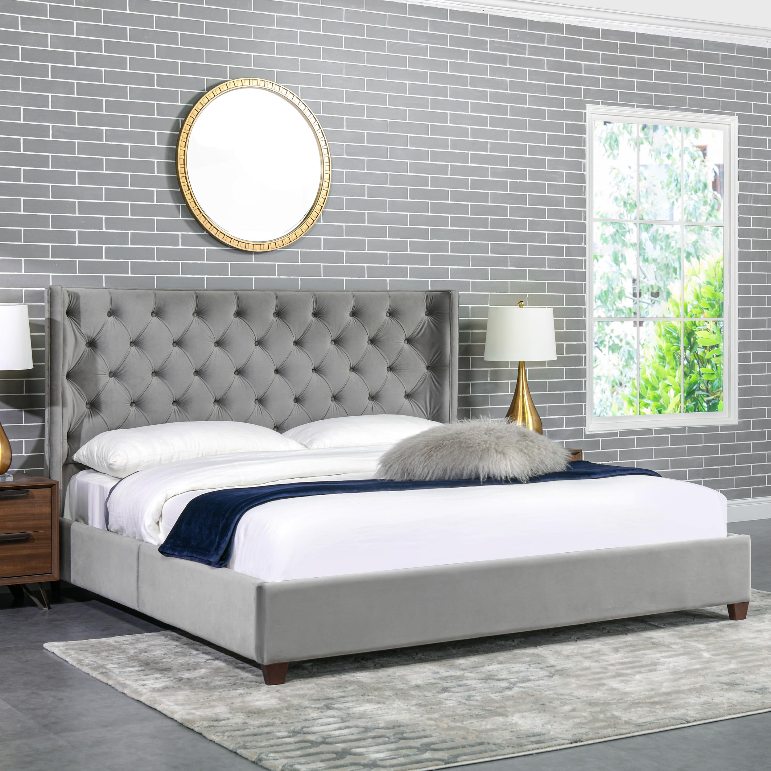 Manhattan Shelter King Platform Bed Frame, Opal Grey Velvet