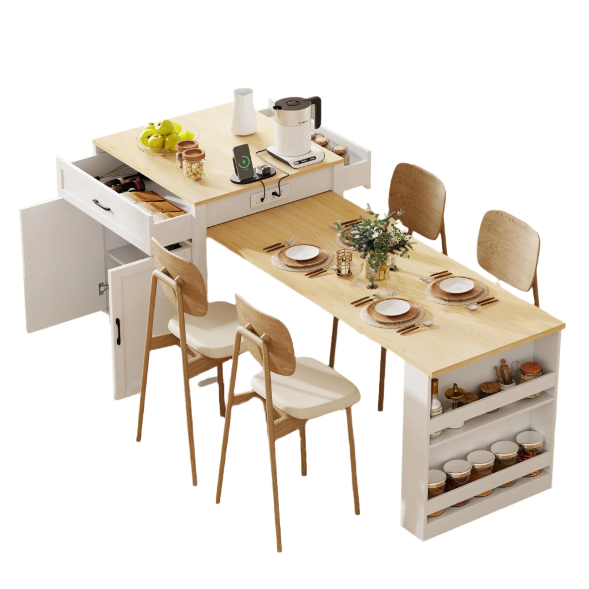7" Kitchen Island with Extendable Dining Table for 4-6, with Storage, Charging Station