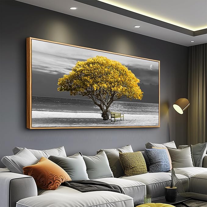 Wood Framed Canvas Wall Art - Large Abstract Ink Canvas Prints for Living Room
