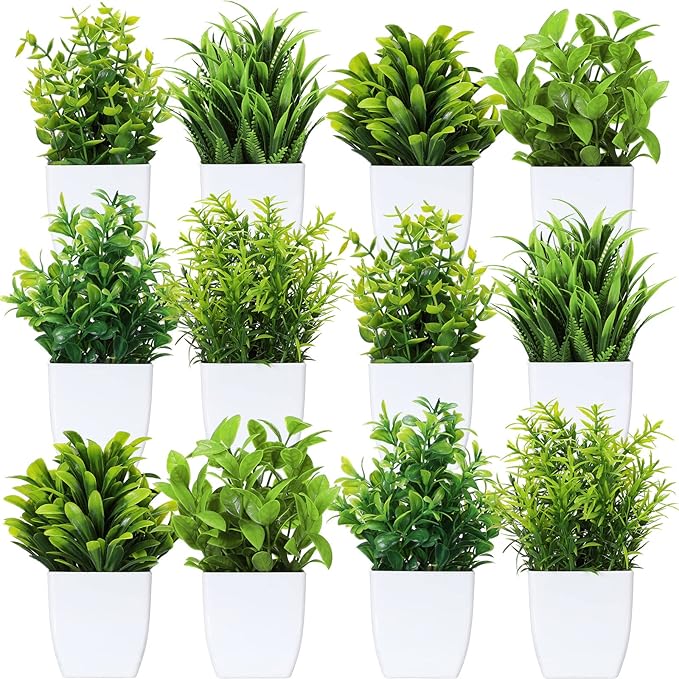 12 Pcs Fake Plants Small Artificial Faux Plants for Shelf Mini Plastic Potted Greenery