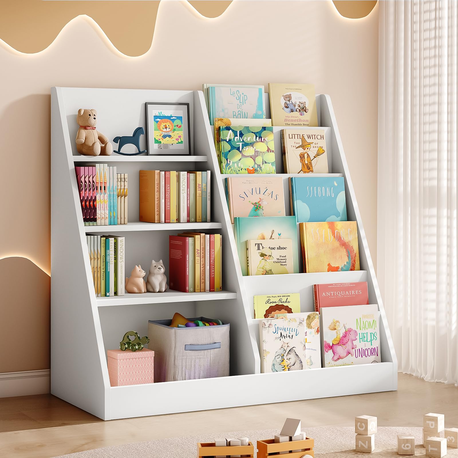 Wooden Bookshelf and Toy Storage, Children Toy Organizer with Book Shelves