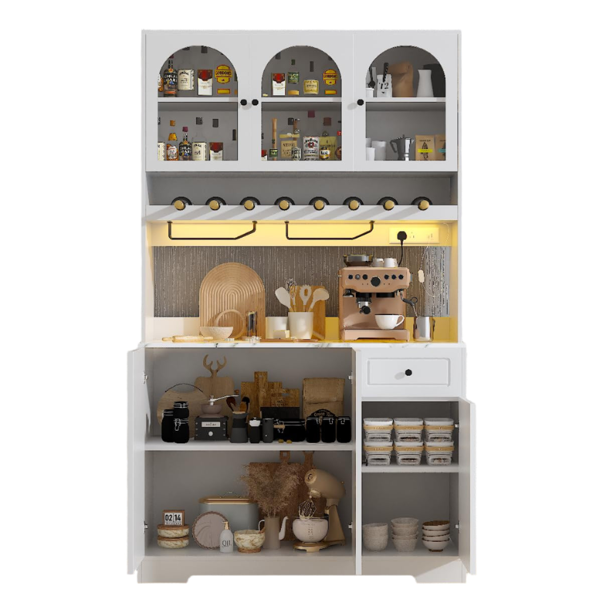 Wine Bar Cabinet with 3 Arched Acrylic Glass Door, Kitchen Coffee Bar Cabinet