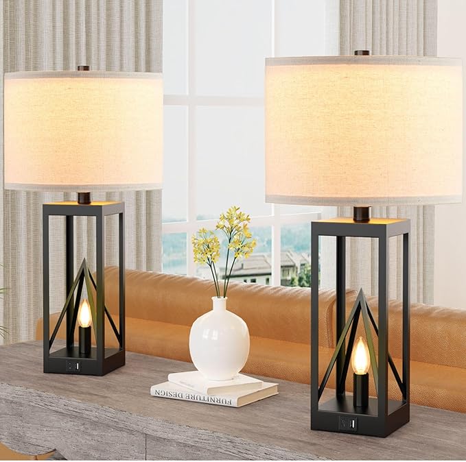 Table Lamps with USB Ports and Night Light Modern Nightstand Lamp