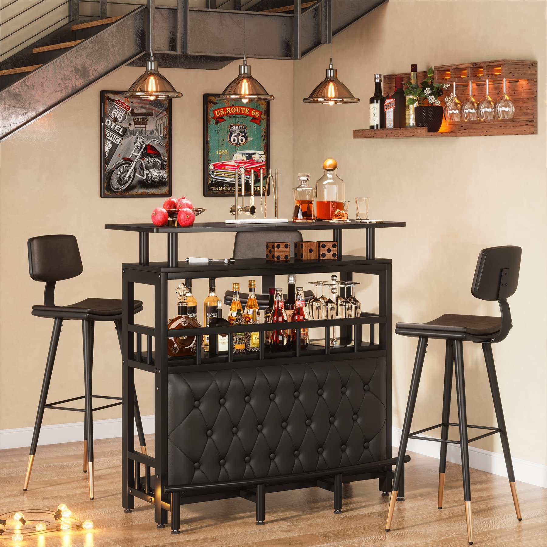 Home Bar Unit for Liquor, 44-Inch Bar Height Table with Storage, Black