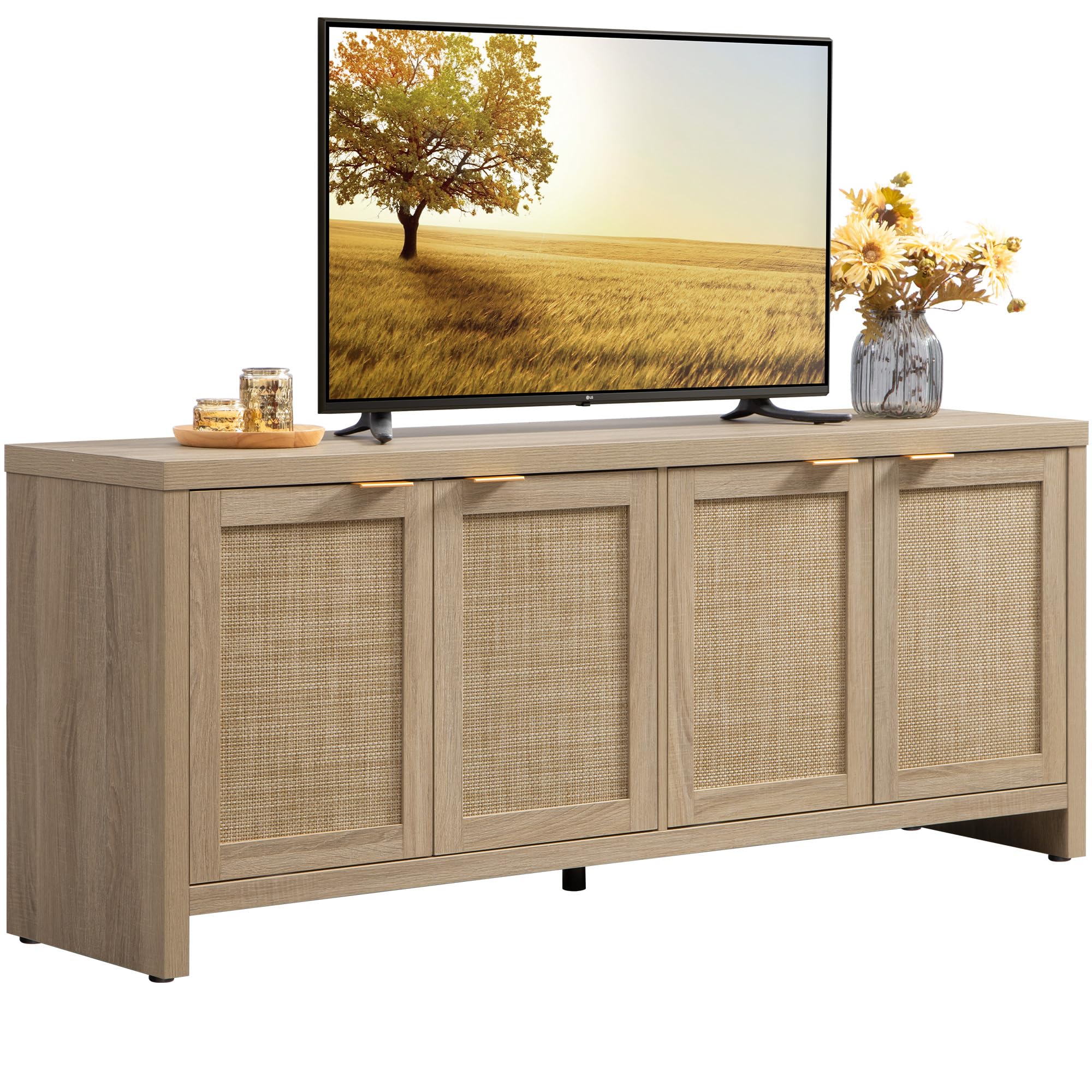 TV Stand for Living Room Boho Entertainment Center for Bedroom with 4 Rattan