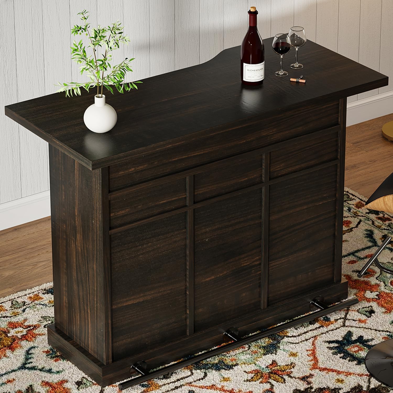FFarmhouse Home Bar Unit with Foot Rail, Large Bar Table with Foot Rest for Home