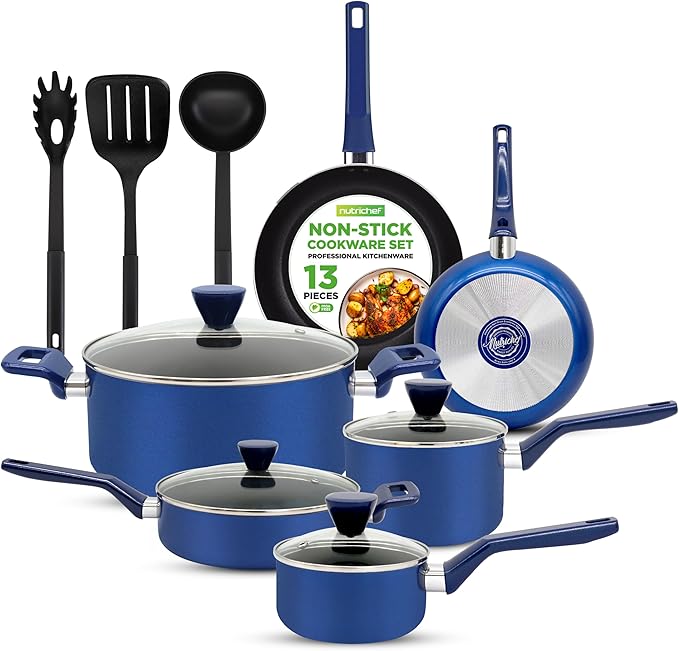 13-Piece Nonstick Cookware - Heat Resistant Kitchen Ware Set w/Saucepan, Frying Pans