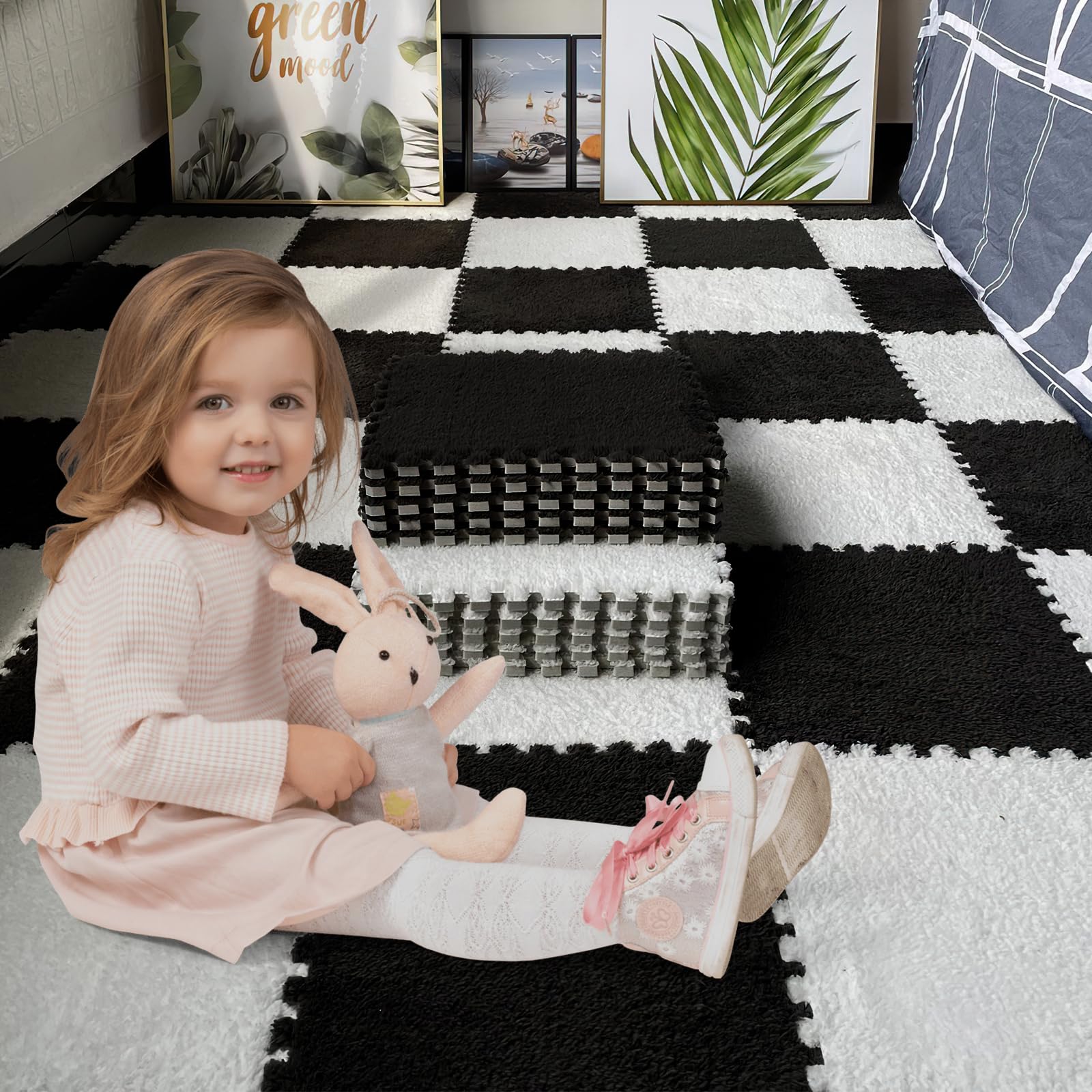 16pcs 0.6" Thickened Interlocking Tile Mats,Fluffy Shaggy Soft EVA Foam Area Rug