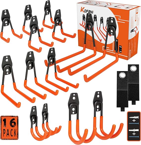 Steel Garage Storage Hooks - 16 Pack Anti-Slip Coating, Heavy Duty Wall Mount Hooks