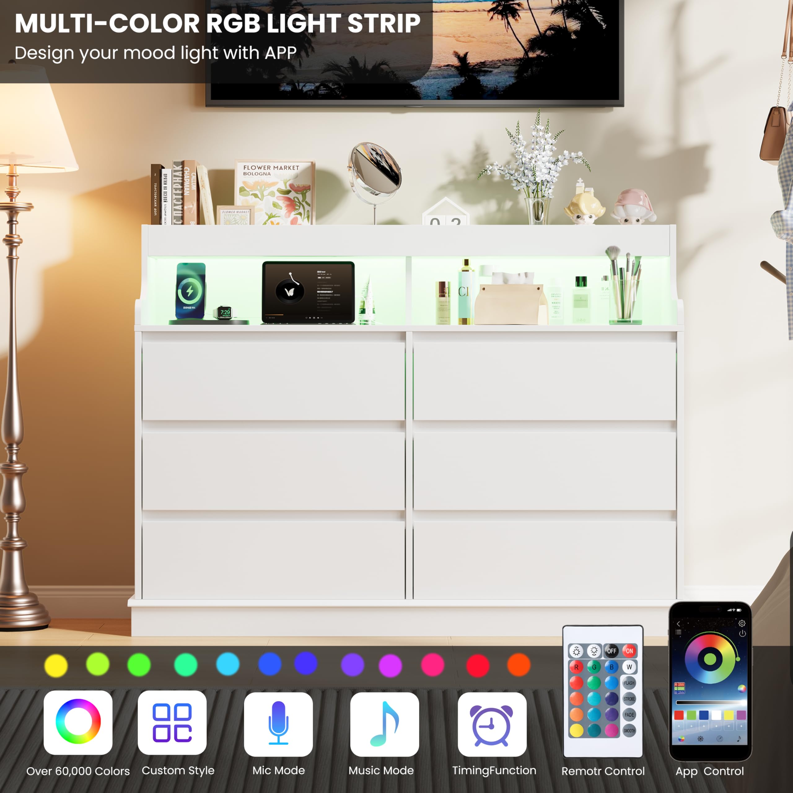 Dresser for Bedroom, 6 Drawer Dresser with LED Lights and Charging Station, Wide Chest of 6 Drawers with Open Space, Modern Large Capacity Storage Cabinet, Living Room, Hallway, White