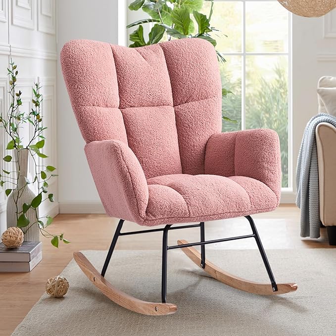 Rocking Chair Nursery, High Backrest Teddy Glider Rocker Upholstered Rocker Recliner