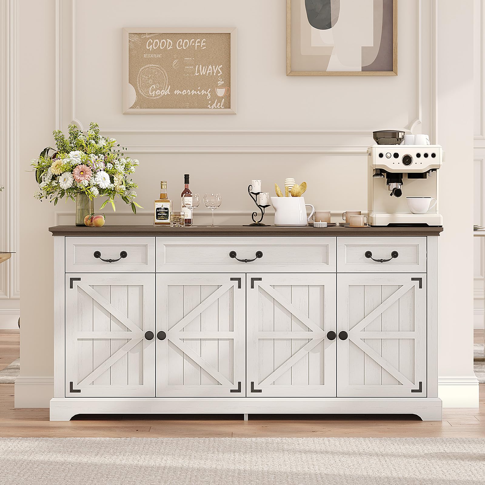 Vipbear 65" Large Sideboard Buffet Cabinet, Farmhouse Kitchen Sideboard Cabinet Buffet with Storage 3 Drawers & 4 Doors, Coffee Wine Bar Cabinet with Storage for Living Room, Kitchen, White