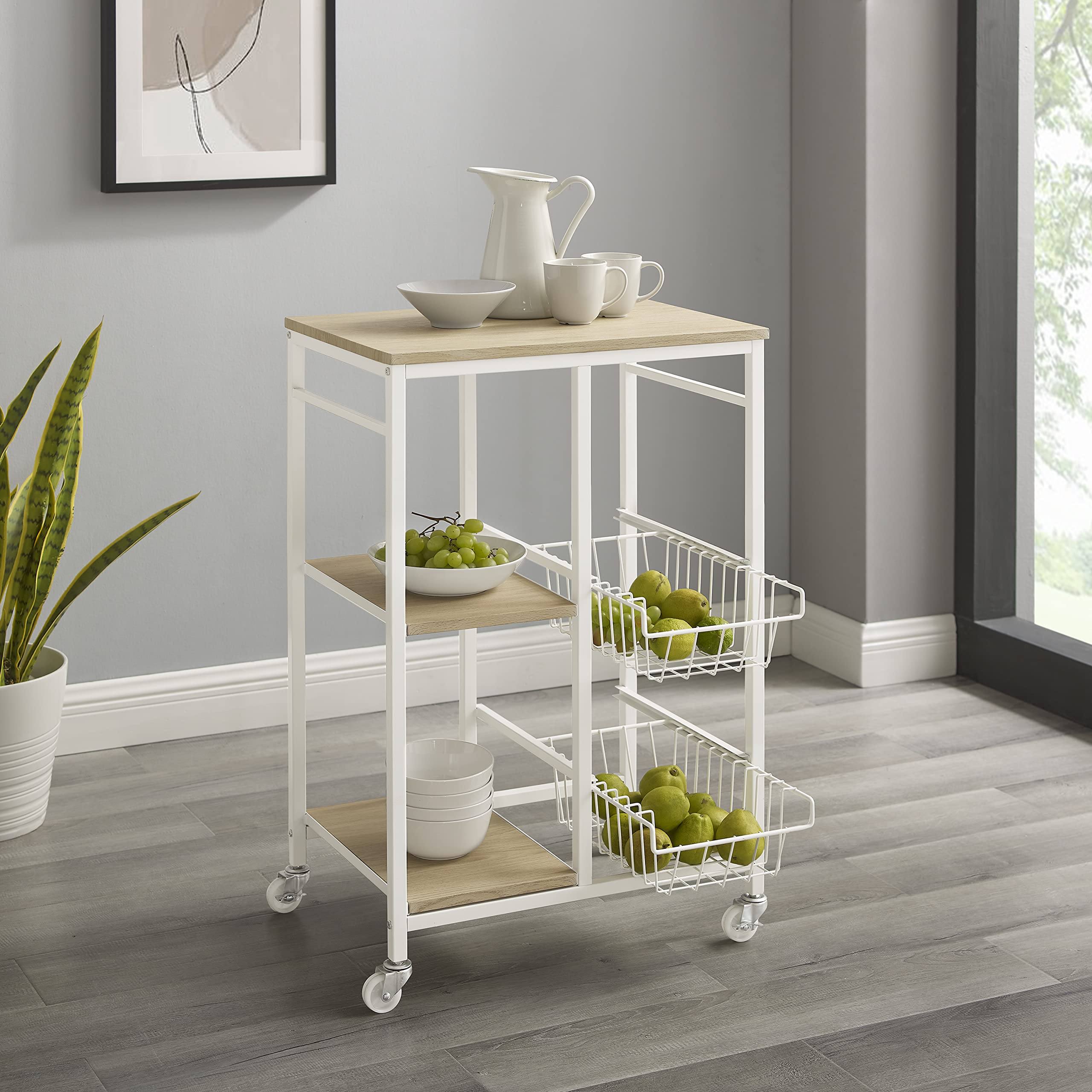White and Natural Kennedy Small Metal Rolling Kitchen Storage Cart