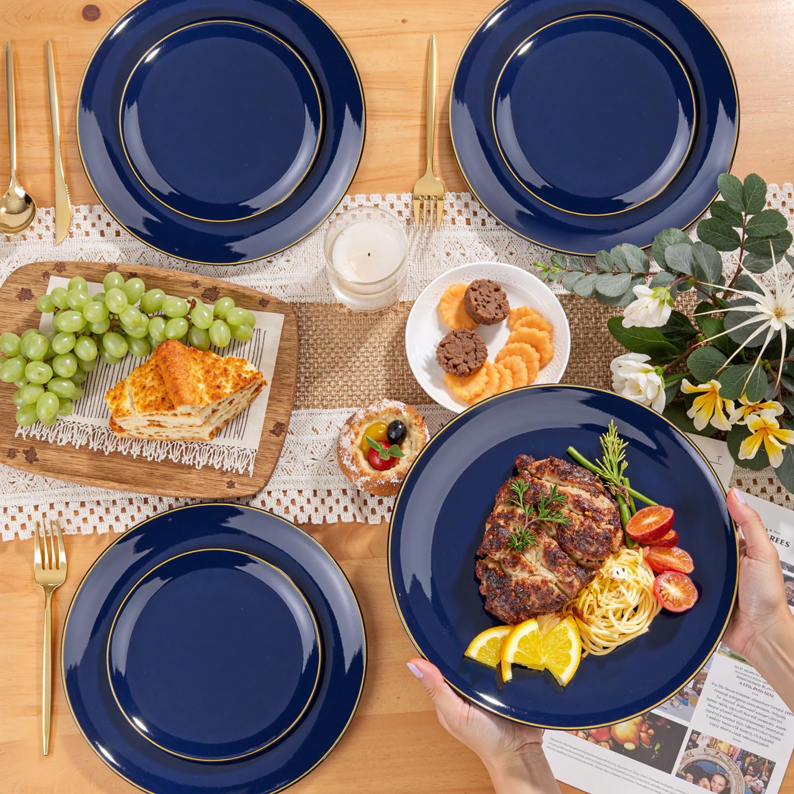 200 Pieces Blue Plastic Plates - Navy Blue and Gold Disposable