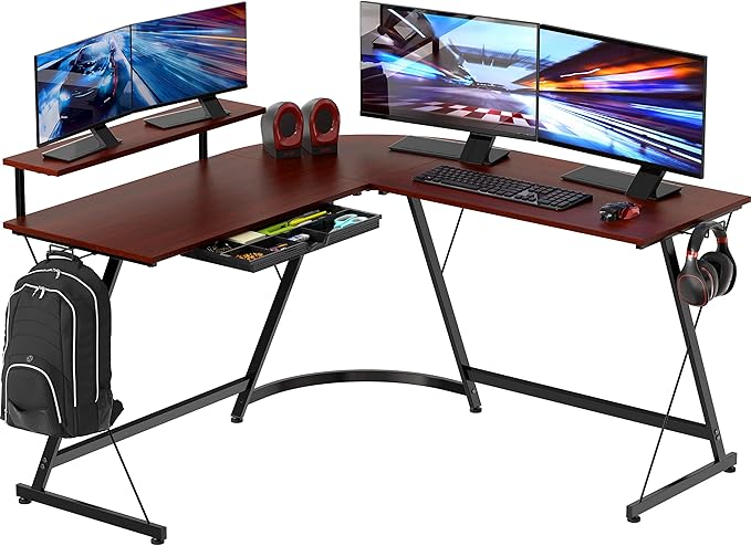 51 x 51 Inches Vista L-Shaped Desk with Monitor Stand and Drawer, Black