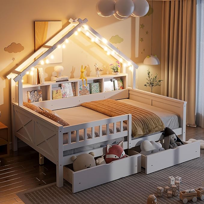 Full Size House Bed with LED Lights and Drawers Wood House Platform Beds