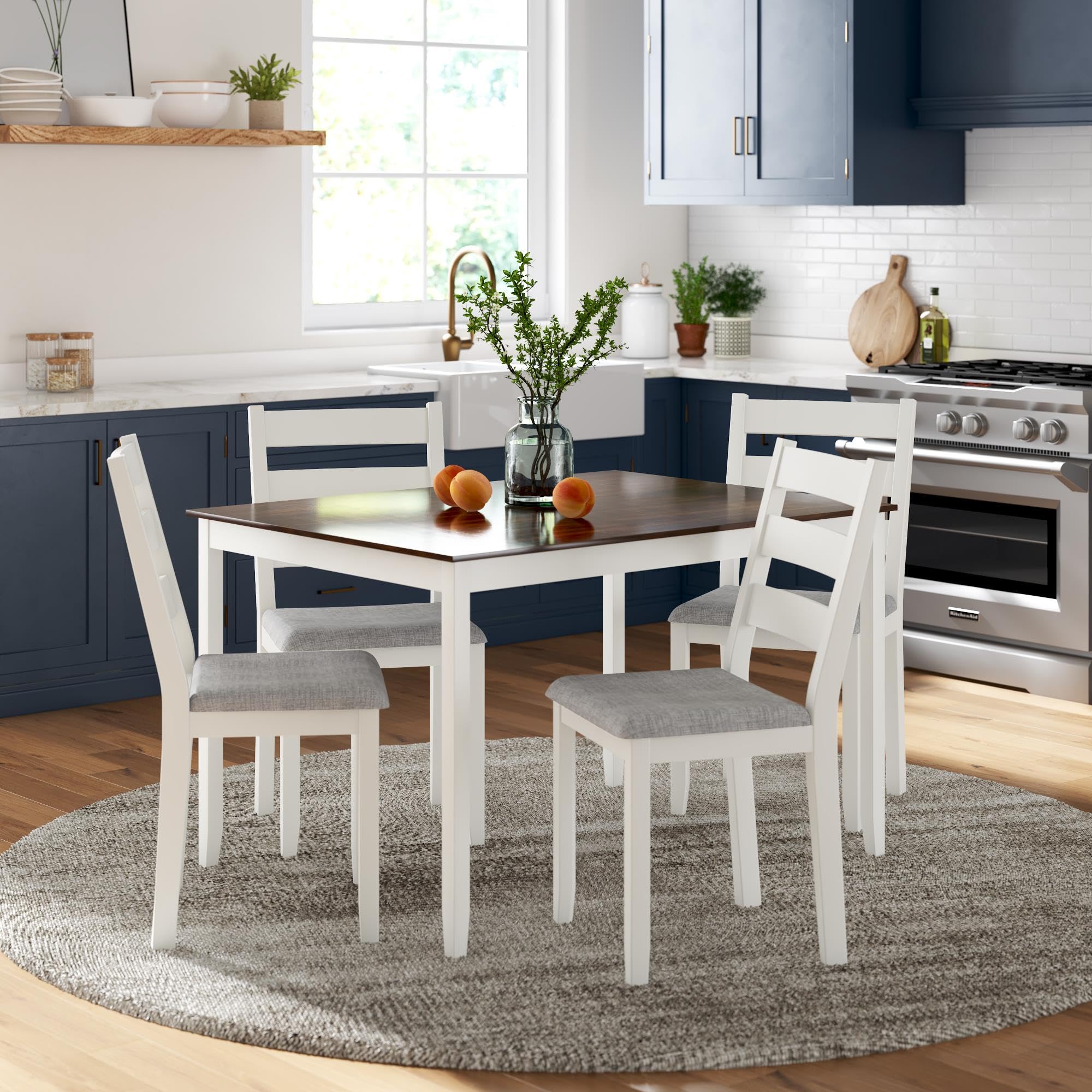 Reila 5-Piece Wood Dining Room Table Set for 4, White/Walnut