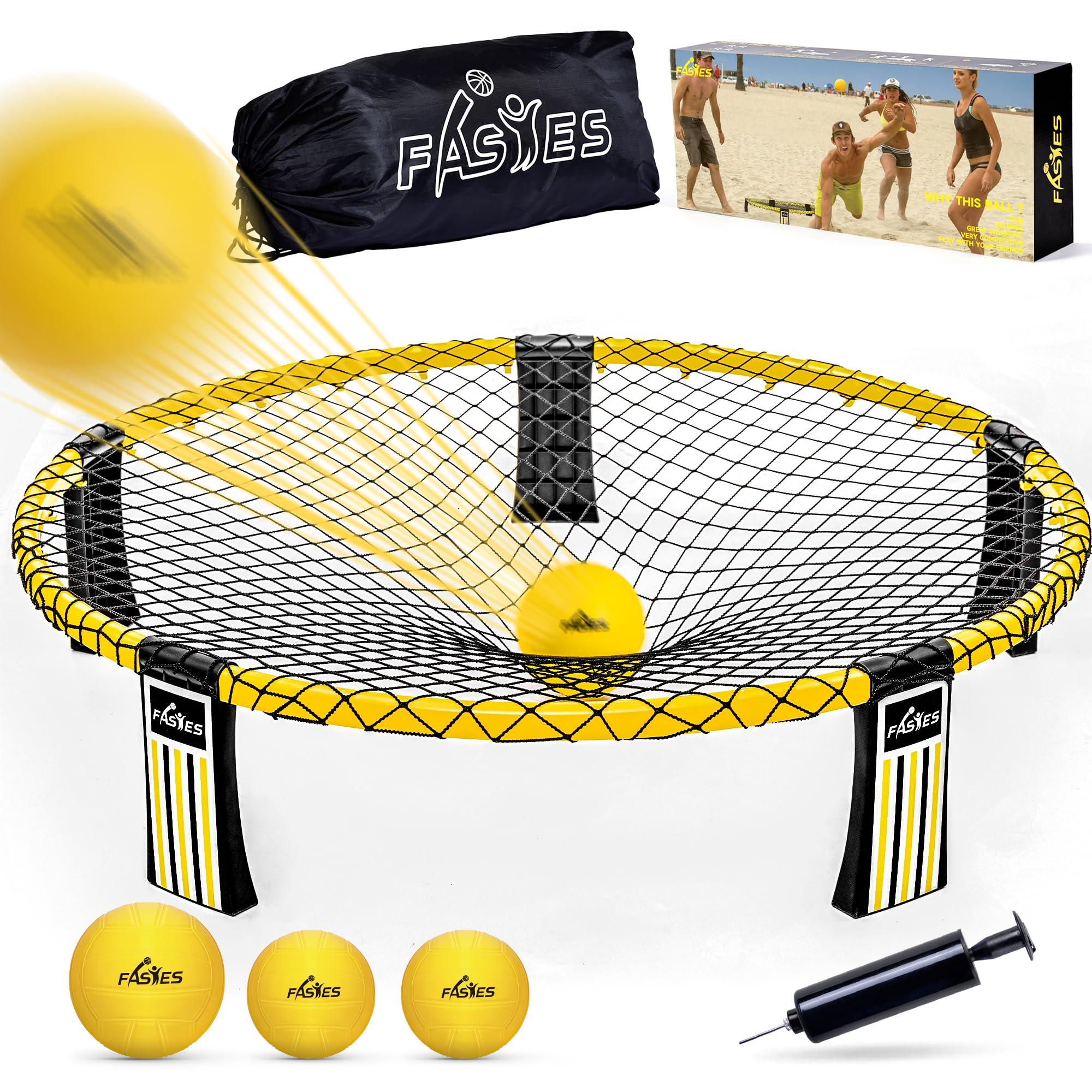 Outdoor Beach Ball Game Includes 3 Balls, Net and Carrying Bag -Roundnet Game Set
