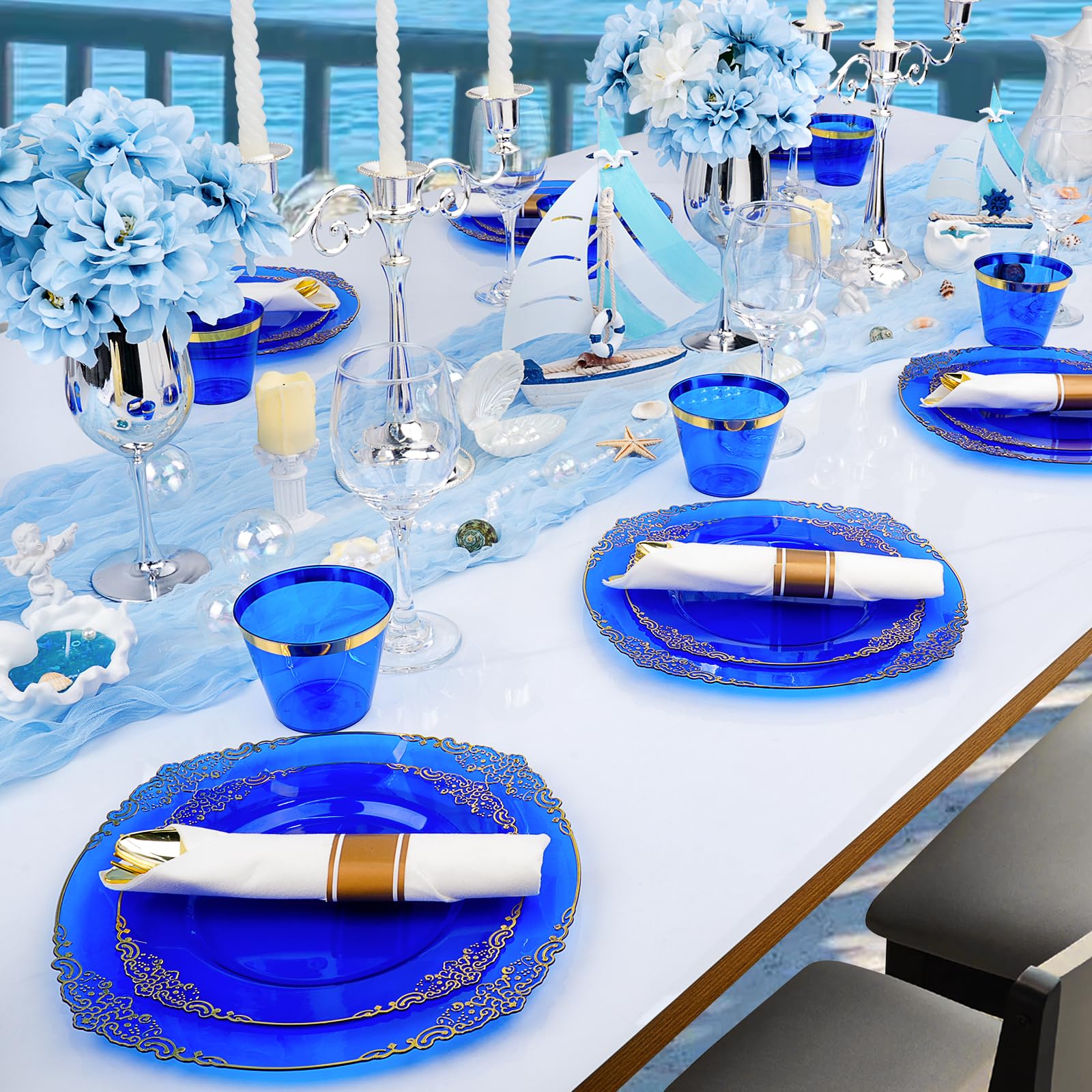 350 PCS Blue and Gold Plastic Plates, Disposable Dinnerware Set for 50 Guests
