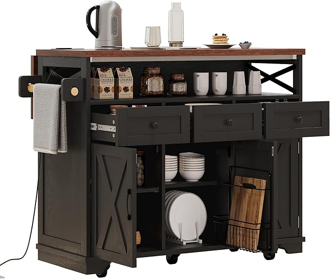 Farmhouse Kitchen Island on Wheels with Drop Leaf Breakfast Bar