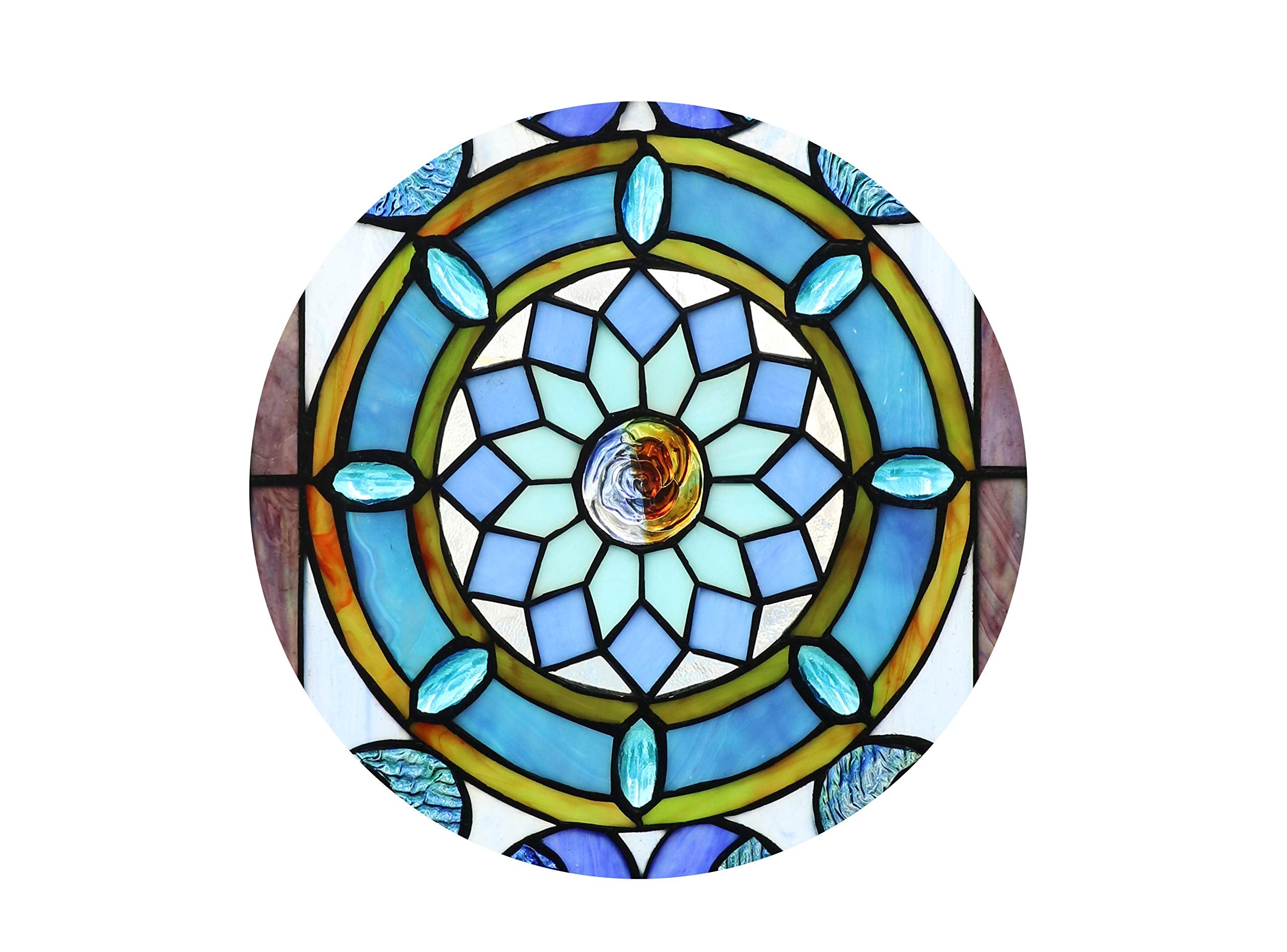 Extra Large Horizontal 35 Inch Blue Victorian Stained Glass Window Panels Hanging