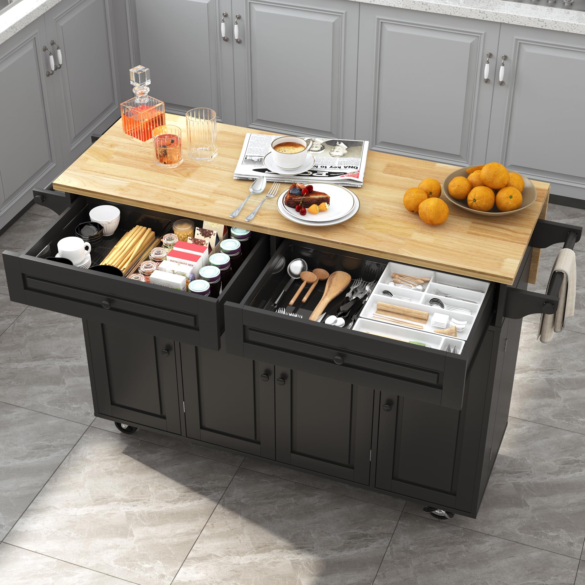 55" Kitchen Cart with Wood Top and Drop Leaf Breakfast Bar