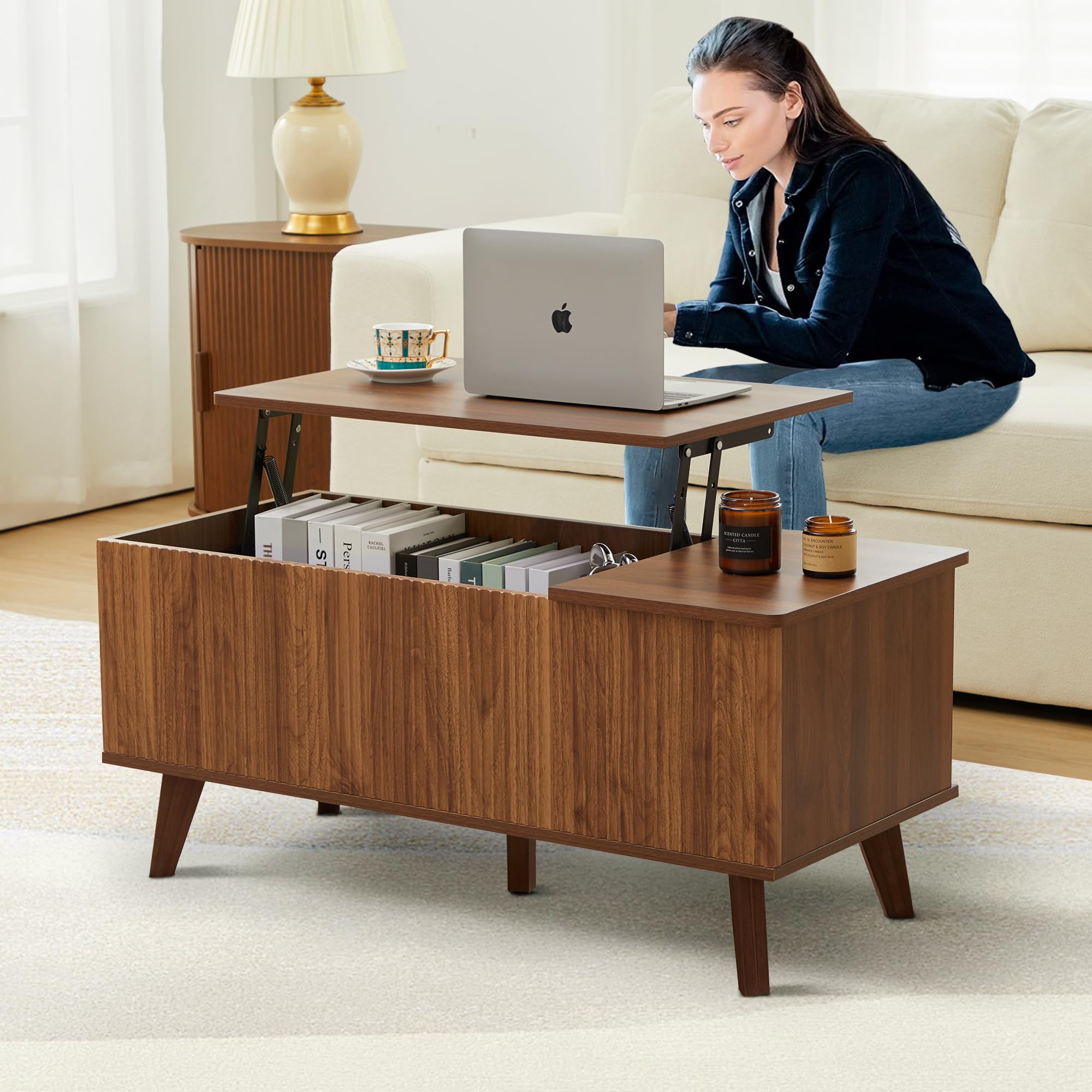 Wooden Fluted Lift Top Coffee Table with Hidden Compartment, Modern Rectangle Center